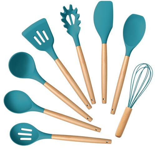Onader Silicone Kitchen Utensils Set, 8Pcs Cooking Utensil Set with Wooden Handle, Heat Proof Kitchen Tools Spatula Safe for Non-Stick Cookware, Non-Toxic & Easy Clean - Dark Blue