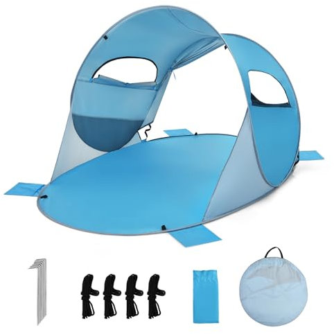 HOMASIS - Tienda de playa emergente, antiUV, refugio solar portátil para 3-4 personas, sombrilla de playa al aire libre, ligera y portátil, con bolsa de transporte para camping, playa, azul, verde