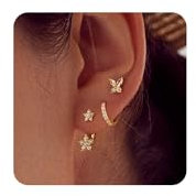 MACACHII 3 Paar Ohrringe Silber 925 Set für Damen 14K Vergoldet Kleine Ohrstecker Silber 925 Stapelbar Zirkonia Helix Piercings Ohr Gold Ohrstecker Creolen Damenohrringe für Mehrere Piercings