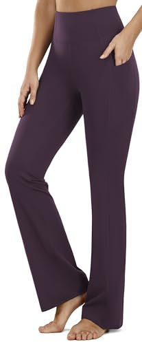 PERSIT Bootcut Yoga Pants for Women High Waist Flared Leggings with Pockets Wide Leg Bottom Bootleg Workout Gym Casual Flare Womens Work Trousers UK - 29 Inches Plum Purple S