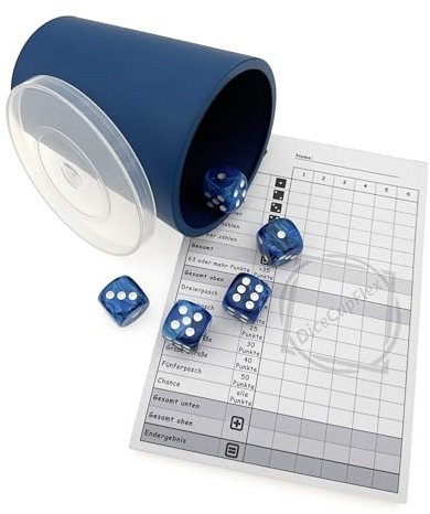 DiceCupFlex - Flexibler Würfelbecher mit Deckel inkl. 5 Würfel und Würfelblock, Spielblock - Made in Germany (Dunkelblau)