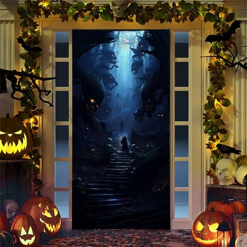 Hiseng Halloween Deko Banner, 200x90cm Happy Halloween Türabdeckung Hängende Türdeko Hintergrund für Halloween Kürbis Party Wand Veranda Haustür Horror Spukhaus Deko Requisiten (Blau)