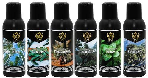 HAF® Saunaaufguss Konzentrat Set Waldfrische | 6 x 250 ml Saunaduft mit Birke, Eukalyptus, Fichtennadel, Latschenkiefer, Minze, Zirbe | Saunaöl aus 100% natürlichen ätherischen Ölen