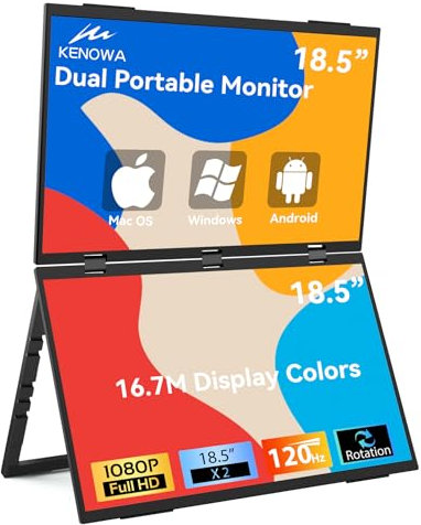 Kenowa 18.5 Dual Screen 120Hz Gaming Portable Monitor, Full HD 1080P Folding Dual Dispaly 360° Rotatable with Speakers/Type-C/Mini HDMI Port for Laptop,Windows,Mac,PS4/5,Xbox,Plug and Play