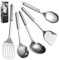 LEKEFETO Lot de 5 ustensiles de cuisine en acier inoxydable avec cuillère, louche, spatule, spatule et écumoire, avec dispositif de suspension en acier inoxydable 304, argenté