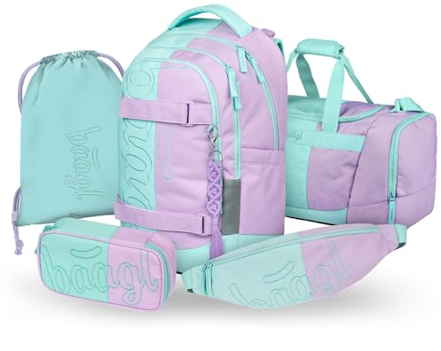 Baagl Schulrucksack Set Jungen Mädchen Teenager 5 Teilig 30 l - Sweet | Ergonomischer Schulranzen und Skateboard Rucksack MAX mit Sporttasche, Turnbeutel, Bauchtasche und Laptopfach für Schule.