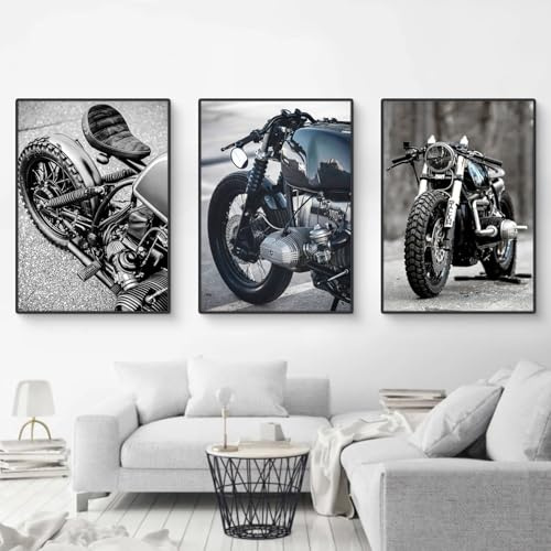 Uixxducc 3er Premium Poster Set, Moderne Schwarz-Weiß Motorrad Bilder Poster & Kunstdrucke Wandbilder, Wohnzimmer Deko Schlafzimmer Büro Kinderzimmer, Ohne Bilderrahmen (30x40cm,DEF)