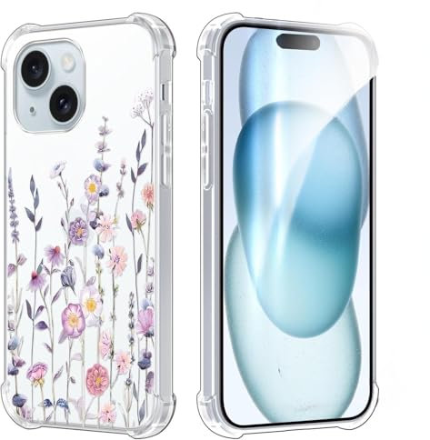 TVVTPU Handy Hülle Kompatibel mit iPhone 15, Aesthetic Blumen Muster Handyhülle Nie Vergilbung Dünn Transparent Hard PC Rückseite Stoßfester Kratzfest Schutzhülle Case, Klar