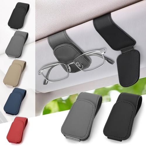 JINYJIA 2 Pack Brillenhalter für Auto,Leder Sonnenbrillenhalter Auto,Magnetische Auto Brillenhalter Universal, Auto Visier Zubehör Sonnenbrillen Halterung,Schwarz+Grau