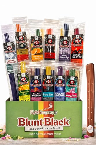 Krishnascents Blunt Black Hand-Dipped Incense Sticks | Premium 144 Packs - 12 Variety Scents, 11 Long | Aromatherapy with Long Burn Time (12 Pack, 144 Total Sticks) I Free Wooden Stick Holder