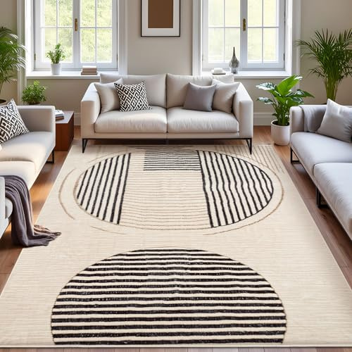 Calore Waschbarer Teppich Wohnzimmer 200x250cm, Teppich Schlafzimmer Beige Kurzflor Weich rutschfest Geometrisches Vintage Groß