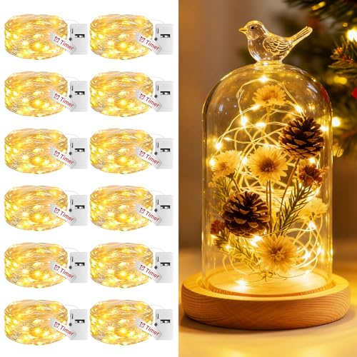 btfarm 12 Stück Mini Lichterkette Batterie mit Timer, 2M 20 LED Lichterkette Innen Batteriebetrieben 3 Modi Silberdraht Kleine Lichterketten Wasserdicht für DIY Party Hochzeit Weihnachten Warmweiß
