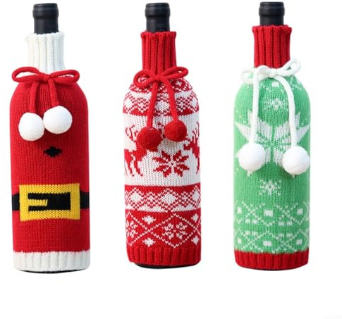Sandyseptember 3 Pack Christmas Wine Bottle Covers with Creative Knitted Pattern for Holiday Party Decorations