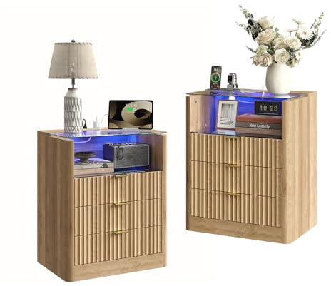 FUSOU 60CM Nachttisch-Set 2 mit Ladestation, LED-Beleuchtung, 3 Schubladen, Glasplatte, geriffelt für Schlafzimmer, Wohnzimmer, Büro, Eiche