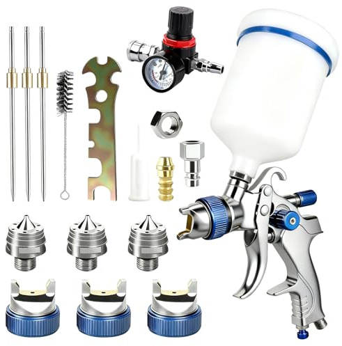MFUSUL HVLP Professionnel Pistolet à Peinture, Pistolet a Peinture avec 3 Buses 1,4mm 1,7mm 2,0mm, Coupelle 600ML, Réglage De La Pression D’Air, Pistolet a Peinture pour Voiture, Meubles, Bois