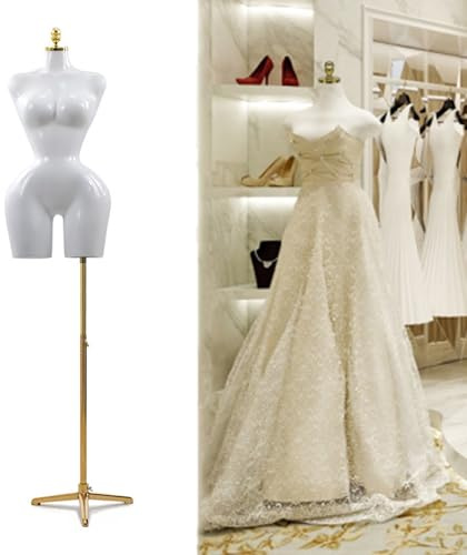 Plus-Size-Schneiderpuppe mit Kurven, voluminöser Damen-Torso, Schneiderpuppe mit goldenem Metallständer und Dreiecksfuß, weiße, kurvige Schaufensterpuppe für die Kleiderpräsentation