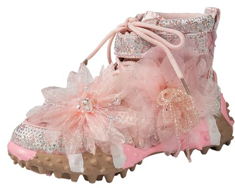 Y2K Baskets montantes pour femme, baskets en maille pailletée et strass avec tulle rose 3D, motif floral, lacets avec boucle , semelle épaisse rembourrée, chaussures de marche tendance pour