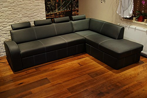 Quattro Meble Schwarz Echtleder Ecksofa Antalya II 4z 270 x 200cm Sofa Couch mit Schlaffunktion, Bettkasten und Kopfstützen Eck Couch Echt Leder Hermes Nero mit Ziernaht