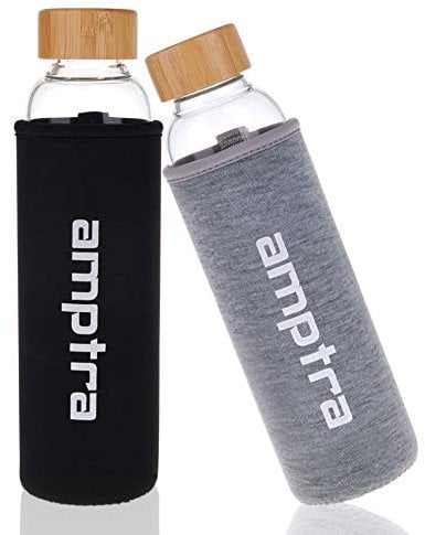 amptra Trinkflasche to go Glas grau 550ml inkl. Neoprenhülle Sporttrinkflasche