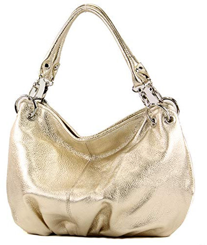 modamoda de IT40 Damen Leder/Nappaleder Schultertasche Hobo Bag handmade in Italy, Farbe:Lightgold-Metallic Leder