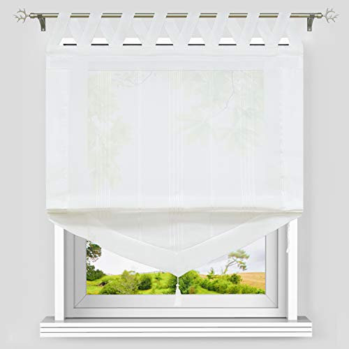 Heichkell Dreieckiges Raffrollo mit V-Schlaufen Halbtransparente Raffgardine Längstreifen und Quaste Moderner Gardinenstore Dreiecke Borte Schlaufenrollo Weiß B/H 100/140cm