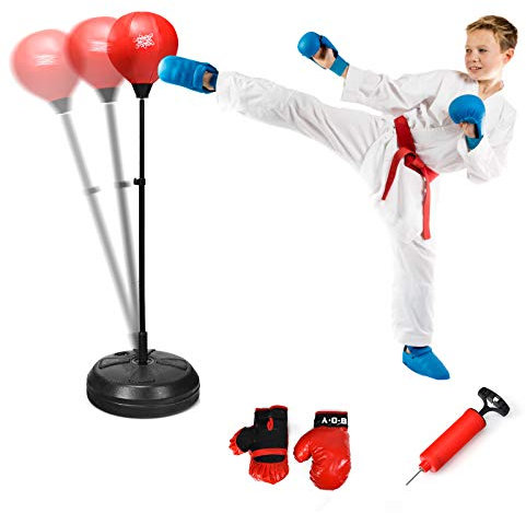 RELAX4LIFE Punchingball, aufblasbarer Boxball mit Boxhandschuhen & Luftpumpe, höhenverstellbarer Standboxball: 120-154 cm, Boxsack Set für Kinder & Jugendliche & Erwachsene, Box Set freistehend, rot