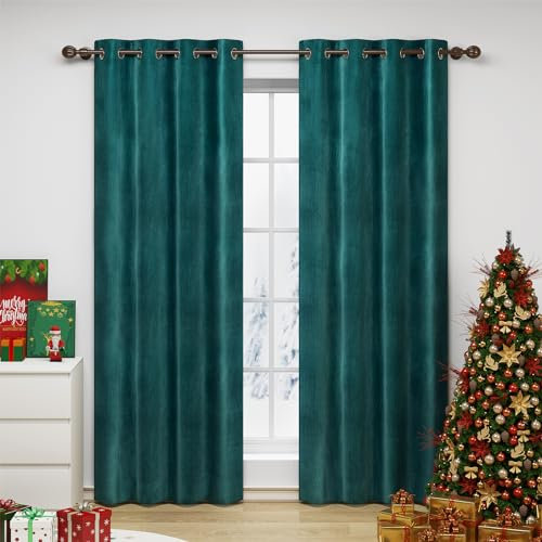 WOLTU Verdunklungsvorhang Blickdicht Samtvorhänge mit Ösen, 2 Stücke Thermogardine Ösenvorhang 300 g/m² Schwere Verdunkelungsgardinen lichtdicht für Schlafzimmer Wohnzimmer, 140x245 cm Dunkelgrün