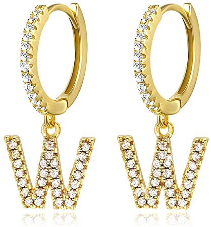 W Buchstaben Ohrringe Creolen Mädchen Frauen Kinder 14K Gold plattiertes Zirkonia Anfängliche baumelnde Klein Huggie Ohrringe Schmuck