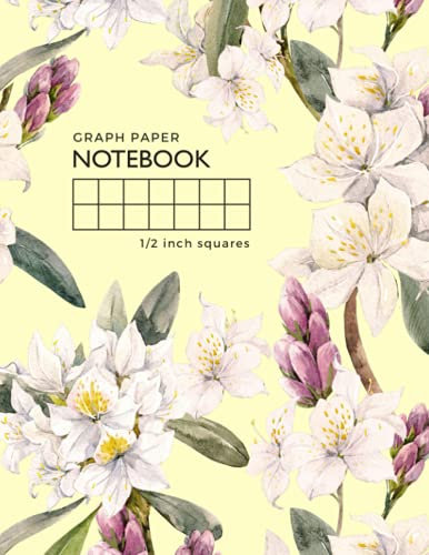 Graph Paper Notebook 1/2 Inch Squares: 8.5 x 11 Composition Book Quad Ruled for Math / Kids Handwriting Workbook | Watercolor Oleander Flower Design Yellow