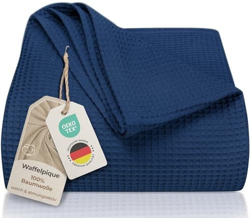LAYNENBURG Copriletto 150 x 200 cm - Waffle Pique 100% cotone - Coperta estiva leggera - Coperta di cotone come coperta da letto, coperta da divano, Coperta ariosa da divano (blu)