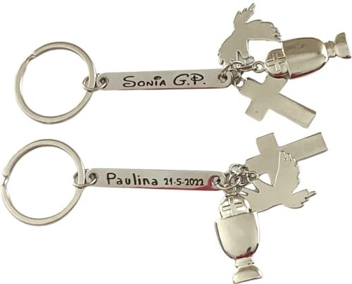 regalo grabado Porte-clés Communion avec perles personnalisé avec texte, Métal, taille unique. Pack 10 unités