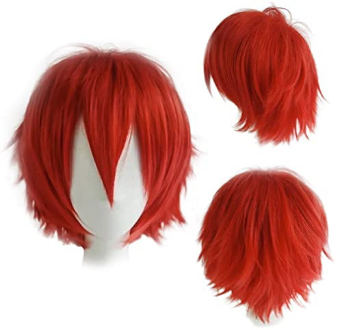 Gairyan Perücke Rot Perücke Damen Unisex Anime Cosplay Wig Kurze Synthetische Perücke Frauen Herren Gerade Perücken Halloween Perücke Karneval Kostüm Themen Party Kostüm + Gratis Perückenkappe