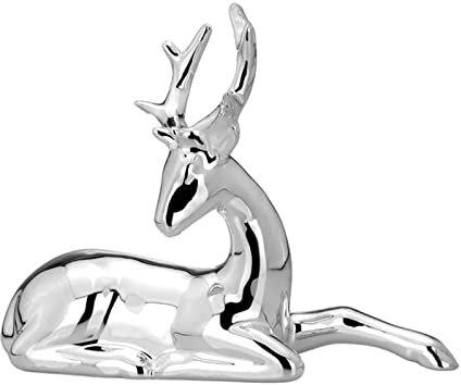 Große liegende Porzellan Deko Rentier Figur - silbern glänzende Hirsch Weihnachts-Deko zum Hinstellen Höhe 20 cm