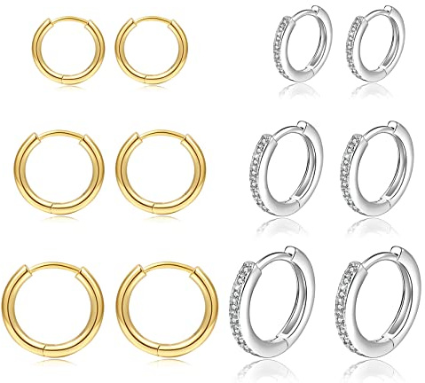 3 Paar Creolen 14 Karat vergoldet Huggie 925 Sterling Silber Kleine Creolen Set Winzige Zirkonia Knorpelohrringe für Damen