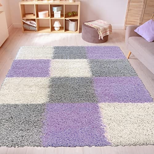CARPETIA Shaggy Teppich Hochflor mit Karo Muster Flieder 60x110cm
