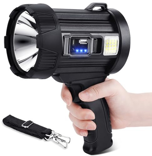 Projecteur rechargeable, 3000 lumens, lampe de poche LED, lampe de poche longue durée, projecteurs d'extérieur avec panneaux solaires pour la chasse, le camping, le bateau, 6 modes d'éclairage