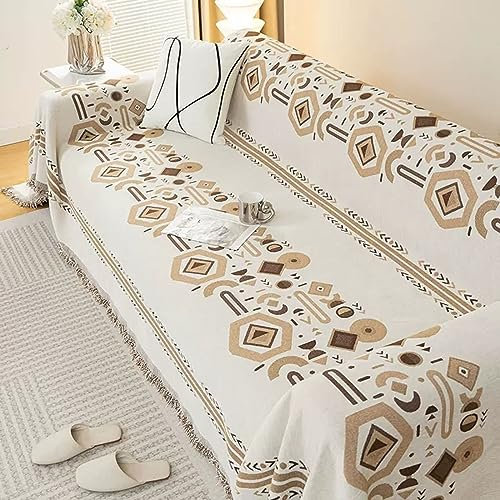 Homxi Sofahusse Zweisitzer,180x260CM,Sofa Überzug Decke Geometrisch Muster mit Quasten Sofa Überzug Chenille Sofa Handtuch Khaki Sofa Überzug