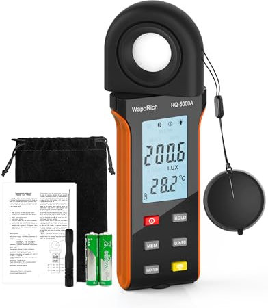Luxmetro Esposimetro, WapoRich Esposimetro Digitale Illuminamento Misuratore di Luce Misura 1~400.000 Lux/FC con Retroilluminazione della Temperatura Ambiente per Fotografia, Piante (RQ-5000A)