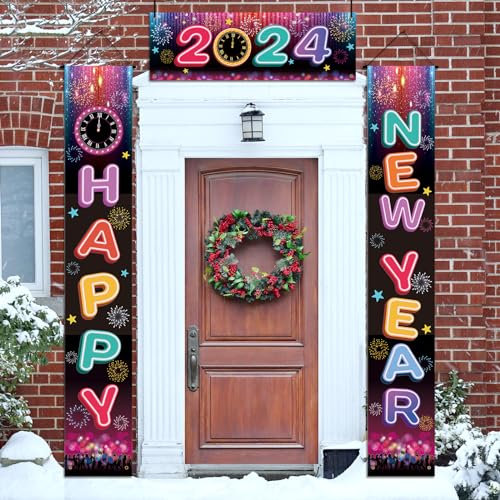 LOHAME 3 Stück 2024 Neujahr Tür Banner 185x30cm Happy New Year Door Banner Neon Frohes Neues Jahr Türbanner 2024 Silvester Deko Neujahrsbanner Hängedekoration Willkommen Veranda für Neujahrsdeko