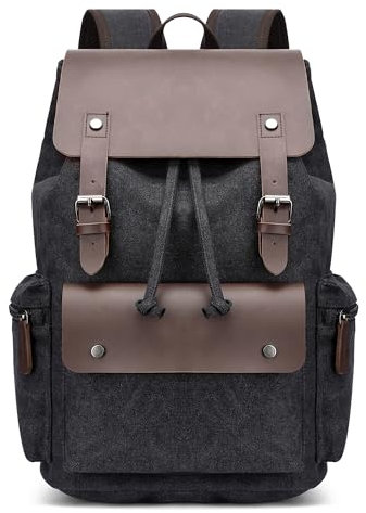 POSSOBAG Vintage Canvas Rucksack Herren Groß Lässig Daypacks für 17.3 Zoll Laptop Schultasche College Reiserucksack Casual Business Camping Leinwand Männer Tagesrucksack Schwarz