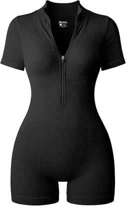 OQQ Short Jumpsuits für Damen 1er Pack Lässige Reißverschluss Front Kurzarm Shorts Bodycon Jumpsuits Overalls für Frauen Schwarz