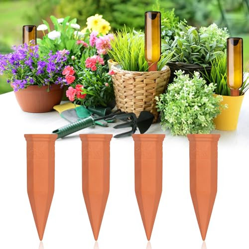 MKNZOME Dispositivo de Riego Automático, Picos de Riego para Planta Estacas de Terracota de Liberación Lenta, Sistema de Riego Goteo Botella para Plantas Interior y Exterior de Vacaciones, 4 Pcs 90ML
