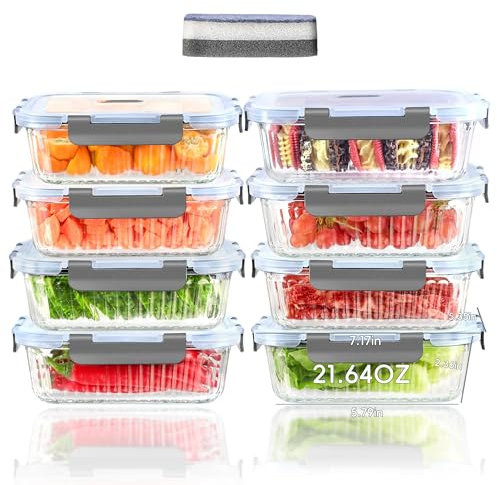 ERUIV 8 Set Boîtes de conservation avec couvercle, 640 ML Bol en verre avec couvercle, Récipient en verre avec couvercle-hermétique-anti-fuite, Boîtes de conservation en verre avec BPA-free