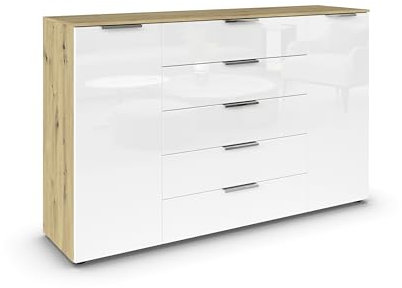 Rauch Möbel Flipp, Kombikommode, Kommode mit Stauraum für Wohnzimmer, Schlafzimmer, Flur, 4 Fachböden, Eiche Artisan-Glasfront Weiß, Holz, 2-türig, Glastüren, 5 Schubladen, Griffe Chrom, 160x100x42cm