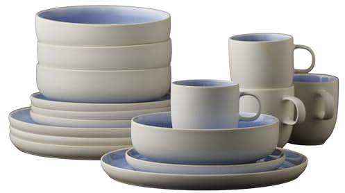 Studio Round North Geschirrset 4 Personen, Steingut Geschirr Set, 16-Teilig, Tafelservice Steingut im Dänischen Design, Spülmaschinengeeignet & Mikrowellengeeignet, Shiny River