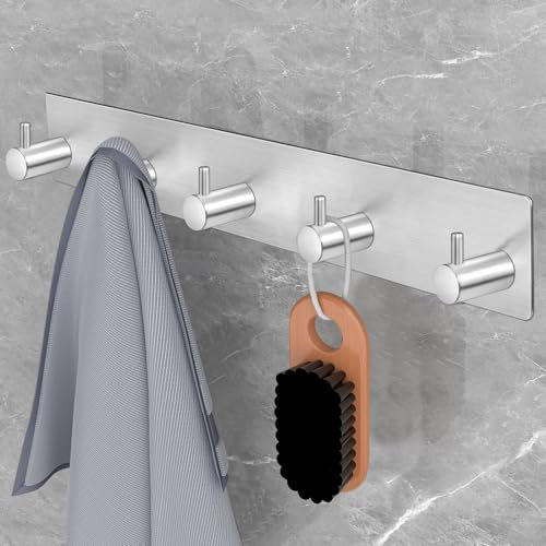 KARBAG 5-Hook Stainless Steel Self-Adhesive Hanger, Coat Hooks Wall Mounted, Bathroom Wall Hooks, Heavy Duty Towel Robe Clothes Closet Hooks for Coats, Hats, Robes