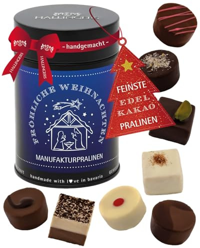 Hallingers Genuss Manufaktur Pralinen Weihnachts-Geschenk - ohne Alkohol, handmade aus Confiserie-Edelkakao in wertiger Geschenkdose Fröhliche Weihn..., Weihnachten für Frauen Männer