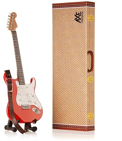 Red Strat Miniature Guitar | Handmade Wooden Mini Replica by Axe Legends | Includes Personalised Mini Leather Guitar Strap and A-Frame Display Stand | 25 cms Tall | Shipped in Gift Box