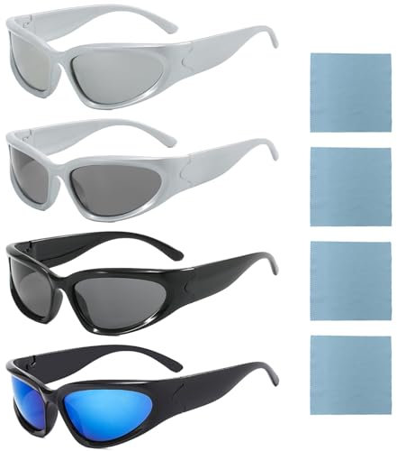 VEGCOO 4 Pcs Wrap Around Sports Sunglasses, UV400 Shades Outdoor Sport Sunglasses, Y2K Stylish Polarised Oval Sunglass for Men Women Driving Running Cycling Fishing Golf