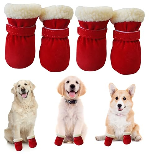 Hundeschuhe Pfotenschutz, Verstellbare rutschfeste Hundeschuhe, Pfotenschutz wasserdichte Schneeschuhe, Hunde Schuhe Outdoor, Pfotenschützer Hundeschuhe für Kleine Mittlere Hunde Herbst Winter (Rot)